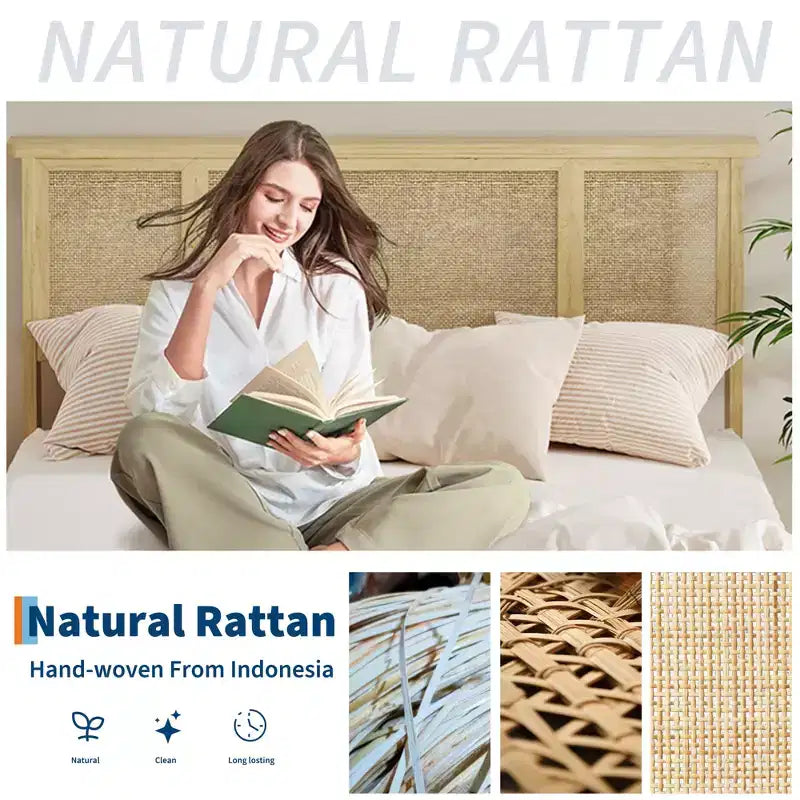 Platform Bed Frame with Rattan Headboard and 4 Storage Drawers