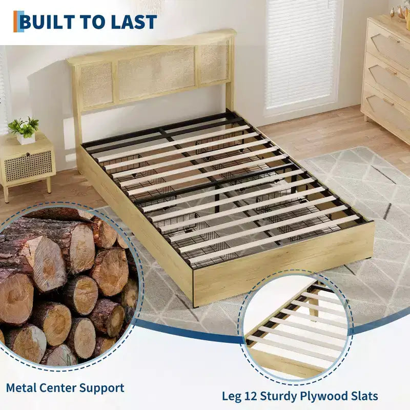 Platform Bed Frame with Rattan Headboard and 4 Storage Drawers