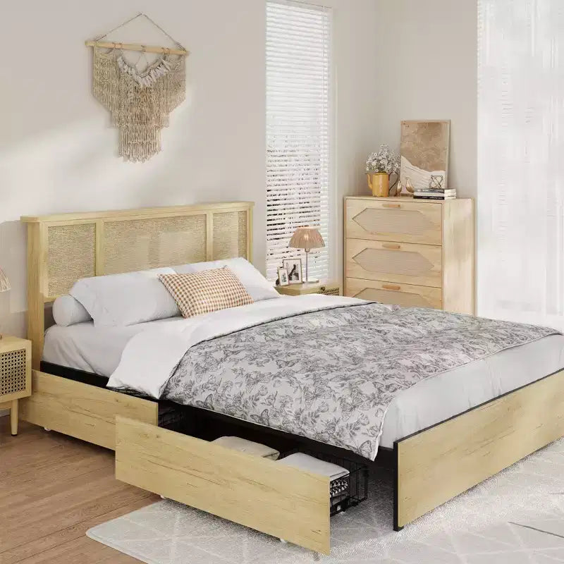 Platform Bed Frame with Rattan Headboard and 4 Storage Drawers