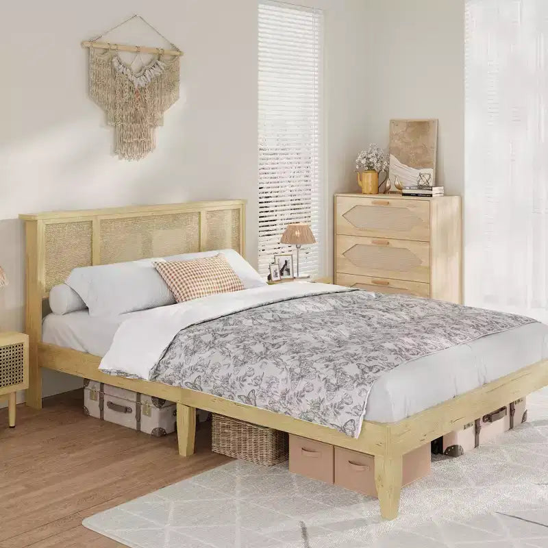Platform Bed Frame with Rattan Headboard and 4 Storage Drawers
