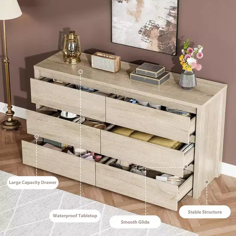 6 Drawer Dresser with Wood Grain Finish – Wide Chest of Drawers for Bedroom, Living Room and Entryway