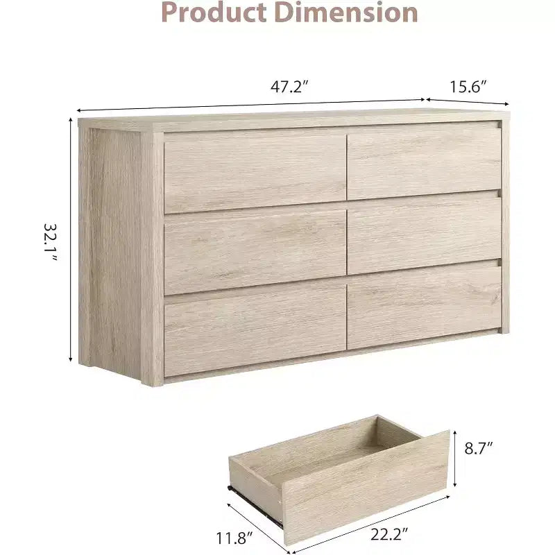 6 Drawer Dresser with Wood Grain Finish – Wide Chest of Drawers for Bedroom, Living Room and Entryway