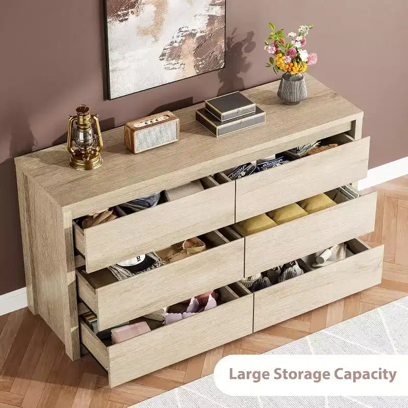 6 Drawer Dresser with Wood Grain Finish – Wide Chest of Drawers for Bedroom, Living Room and Entryway