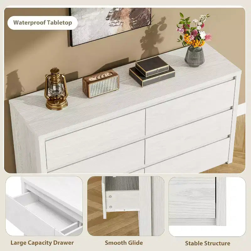 6 Drawer Dresser with Wood Grain Finish – Wide Chest of Drawers for Bedroom, Living Room and Entryway