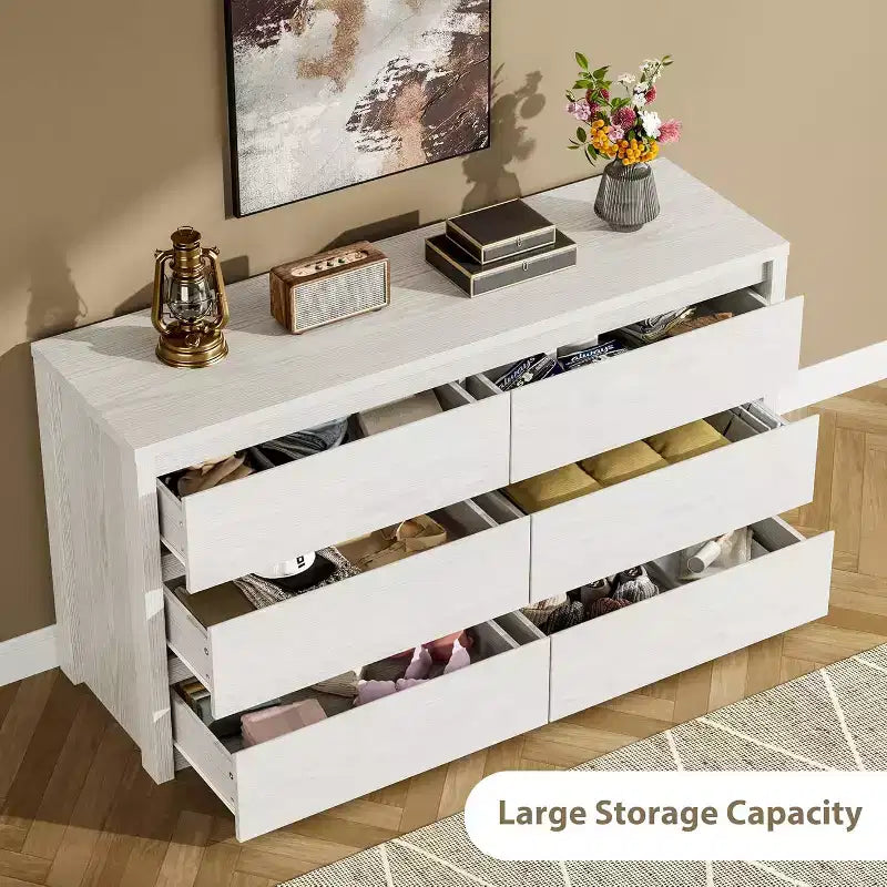 6 Drawer Dresser with Wood Grain Finish – Wide Chest of Drawers for Bedroom, Living Room and Entryway