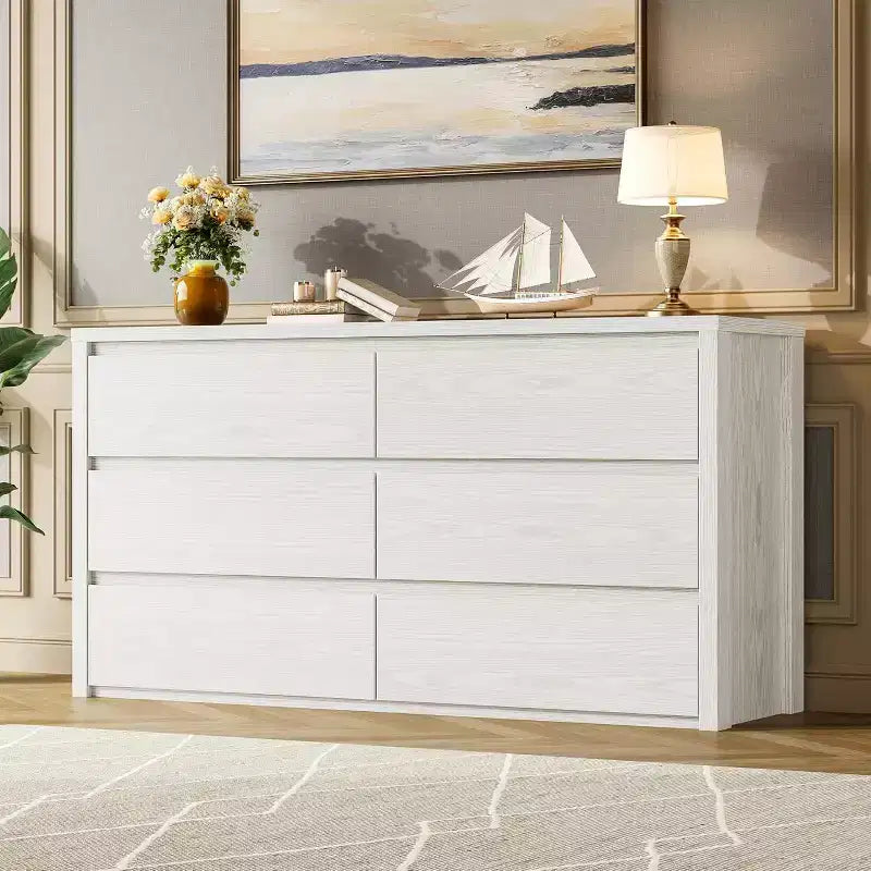 6 Drawer Dresser with Wood Grain Finish – Wide Chest of Drawers for Bedroom, Living Room and Entryway
