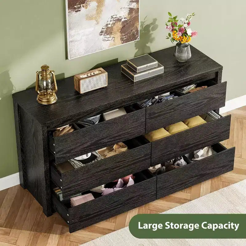6 Drawer Dresser with Wood Grain Finish – Wide Chest of Drawers for Bedroom, Living Room and Entryway