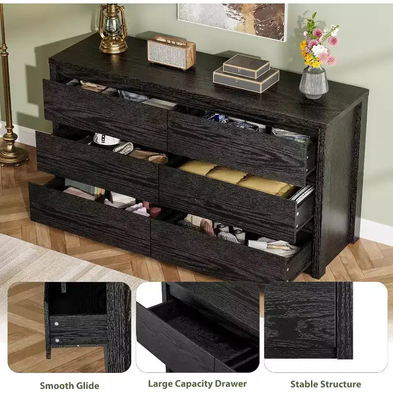 6 Drawer Dresser with Wood Grain Finish – Wide Chest of Drawers for Bedroom, Living Room and Entryway