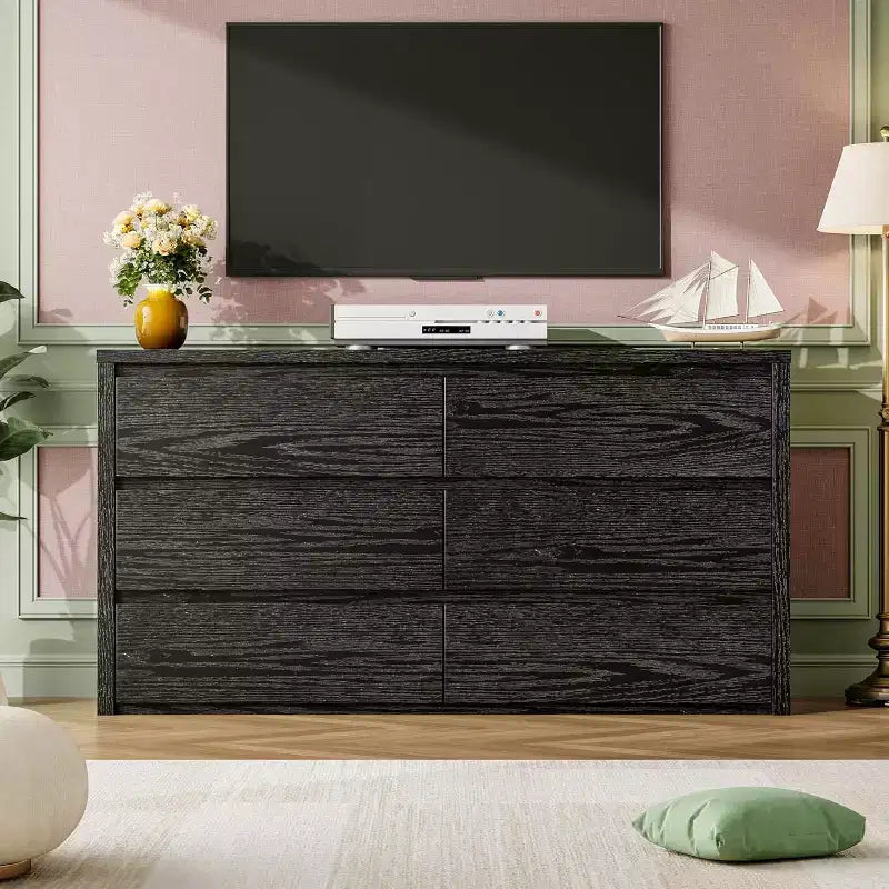 6 Drawer Dresser with Wood Grain Finish – Wide Chest of Drawers for Bedroom, Living Room and Entryway
