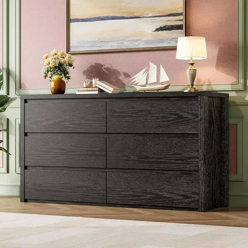 6 Drawer Dresser with Wood Grain Finish – Wide Chest of Drawers for Bedroom, Living Room and Entryway