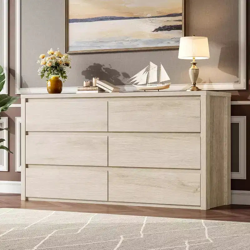 6 Drawer Dresser with Wood Grain Finish – Wide Chest of Drawers for Bedroom, Living Room and Entryway