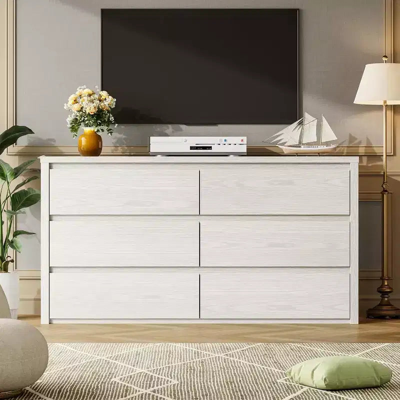 6 Drawer Dresser with Wood Grain Finish – Wide Chest of Drawers for Bedroom, Living Room and Entryway