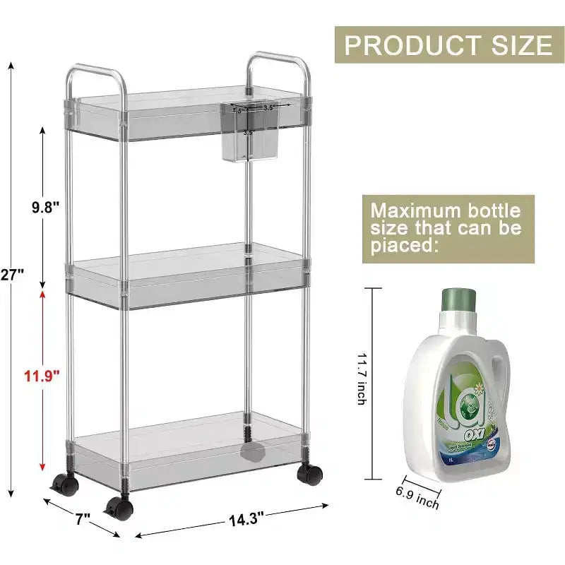 3-Tier Acrylic Rolling Storage Cart with Wheels, Extendable Shelves, Hooks & Cup Holder