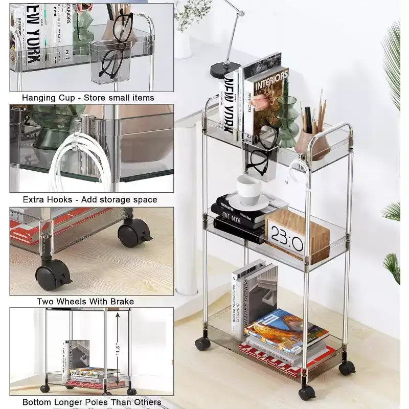 3-Tier Acrylic Rolling Storage Cart with Wheels, Extendable Shelves, Hooks & Cup Holder