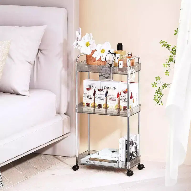 3-Tier Acrylic Rolling Storage Cart with Wheels, Extendable Shelves, Hooks & Cup Holder