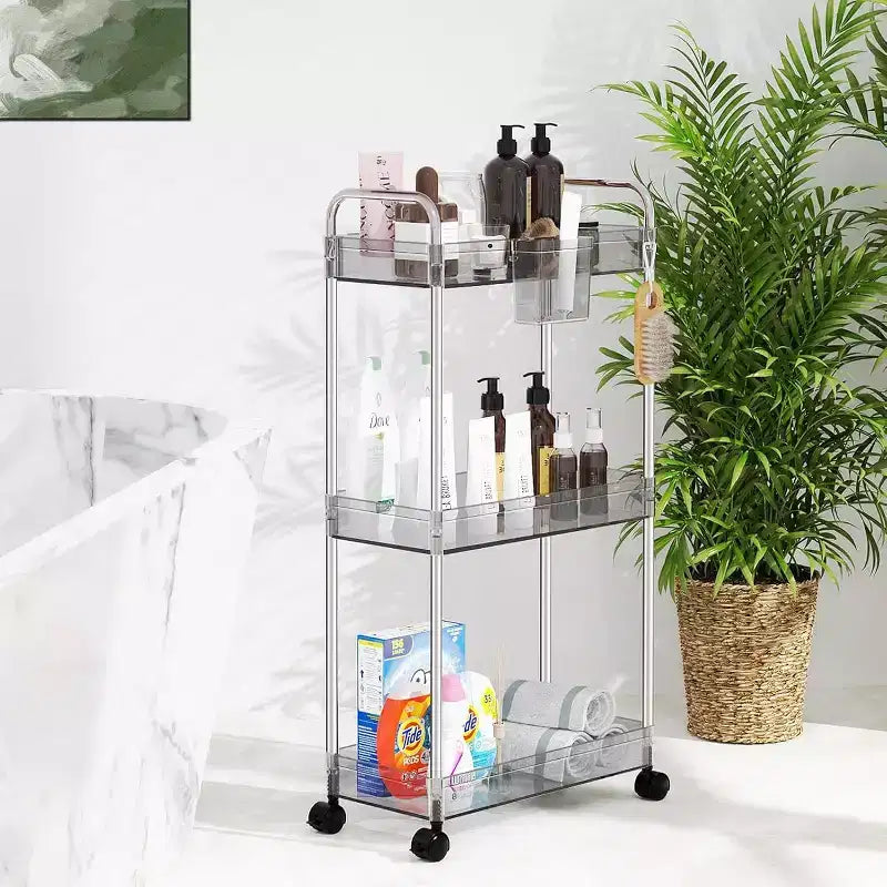 3-Tier Acrylic Rolling Storage Cart with Wheels, Extendable Shelves, Hooks & Cup Holder