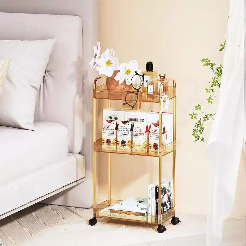 3-Tier Acrylic Rolling Storage Cart with Wheels, Extendable Shelves, Hooks & Cup Holder