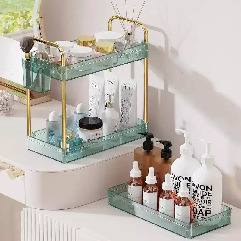3-Tier Acrylic Rolling Storage Cart with Wheels, Extendable Shelves, Hooks & Cup Holder