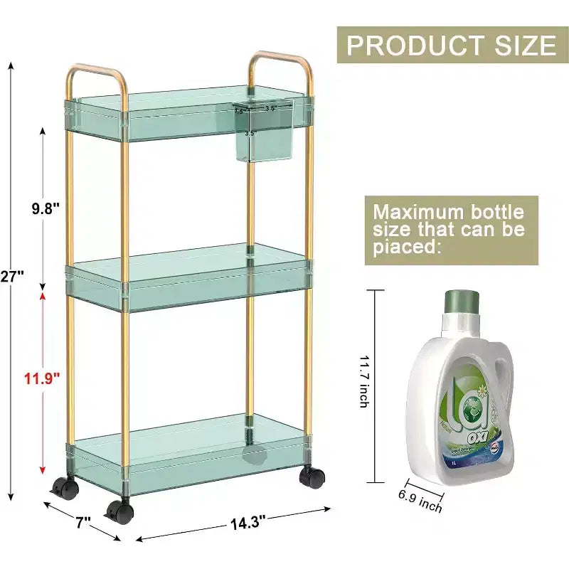 3-Tier Acrylic Rolling Storage Cart with Wheels, Extendable Shelves, Hooks & Cup Holder