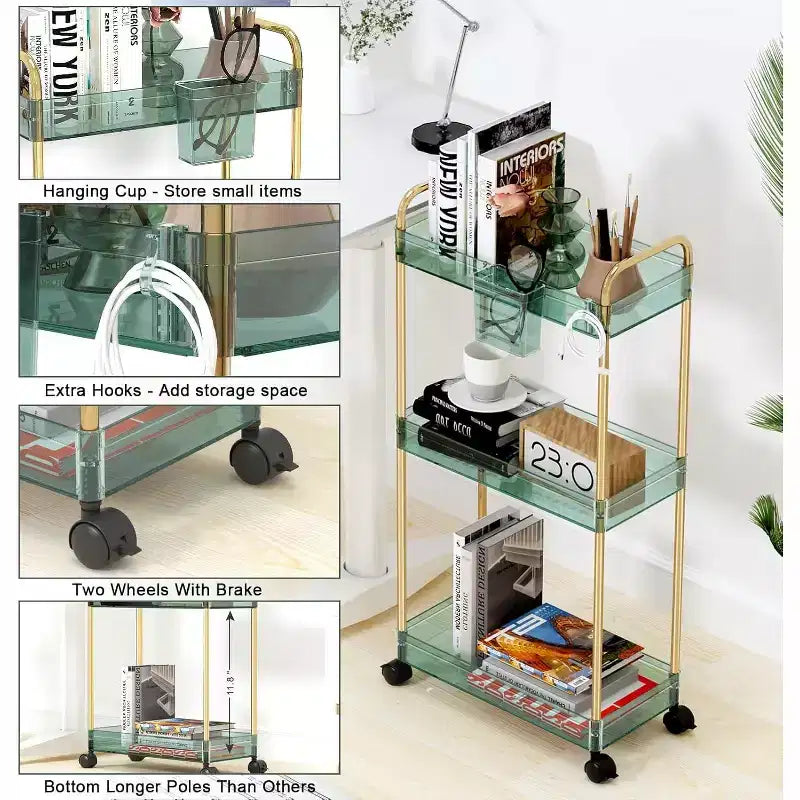 3-Tier Acrylic Rolling Storage Cart with Wheels, Extendable Shelves, Hooks & Cup Holder