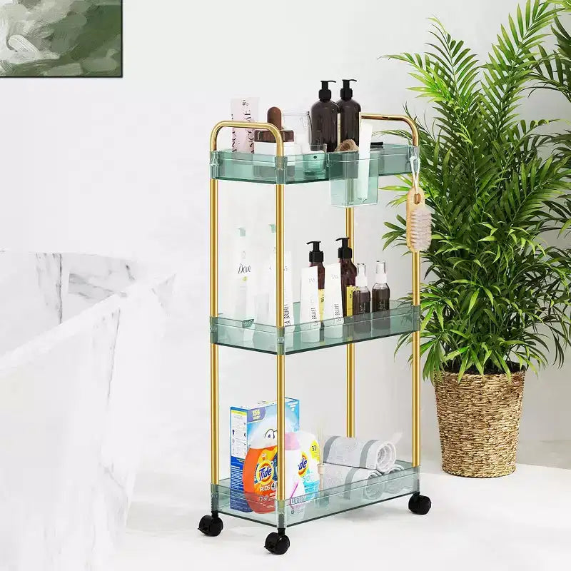 3-Tier Acrylic Rolling Storage Cart with Wheels, Extendable Shelves, Hooks & Cup Holder