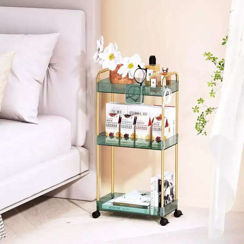 3-Tier Acrylic Rolling Storage Cart with Wheels, Extendable Shelves, Hooks & Cup Holder