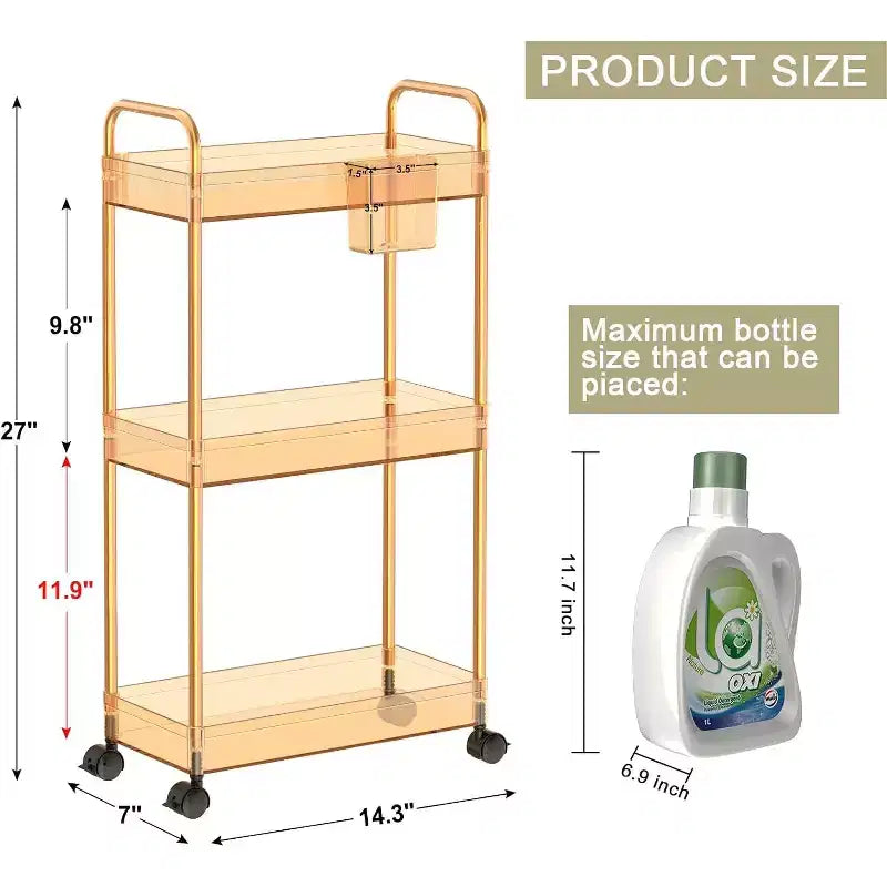 3-Tier Acrylic Rolling Storage Cart with Wheels, Extendable Shelves, Hooks & Cup Holder