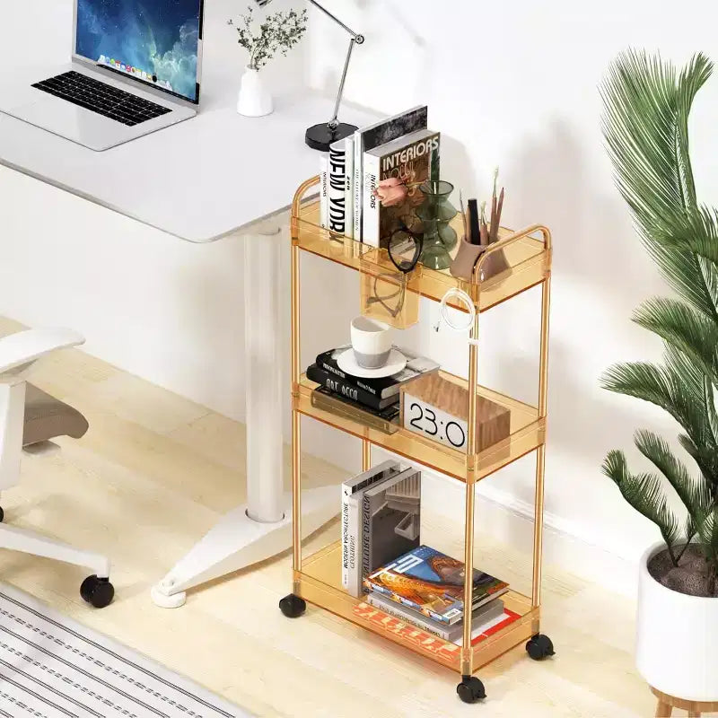 3-Tier Acrylic Rolling Storage Cart with Wheels, Extendable Shelves, Hooks & Cup Holder