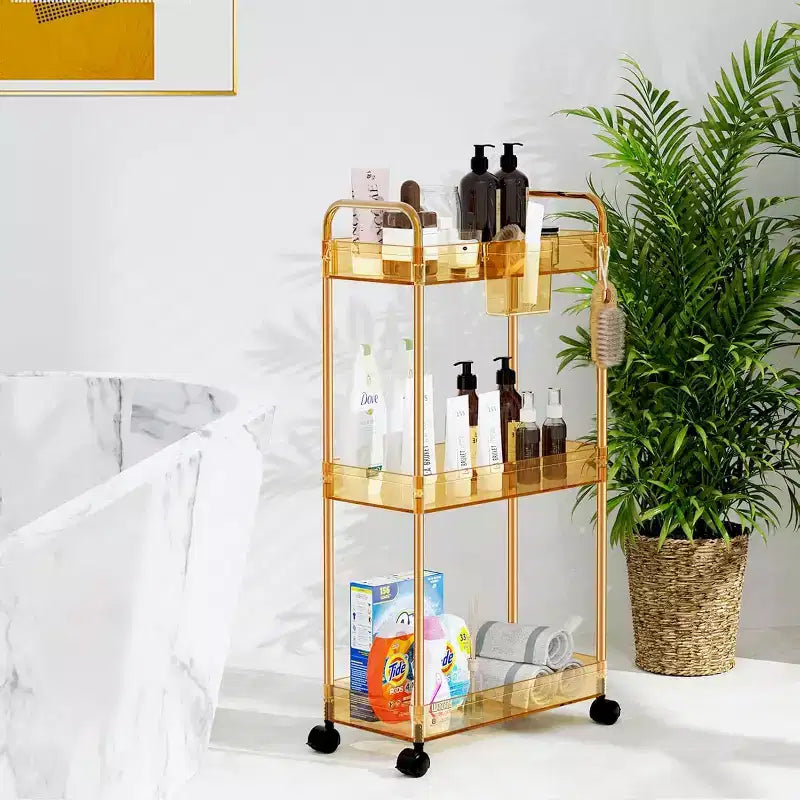 3-Tier Acrylic Rolling Storage Cart with Wheels, Extendable Shelves, Hooks & Cup Holder