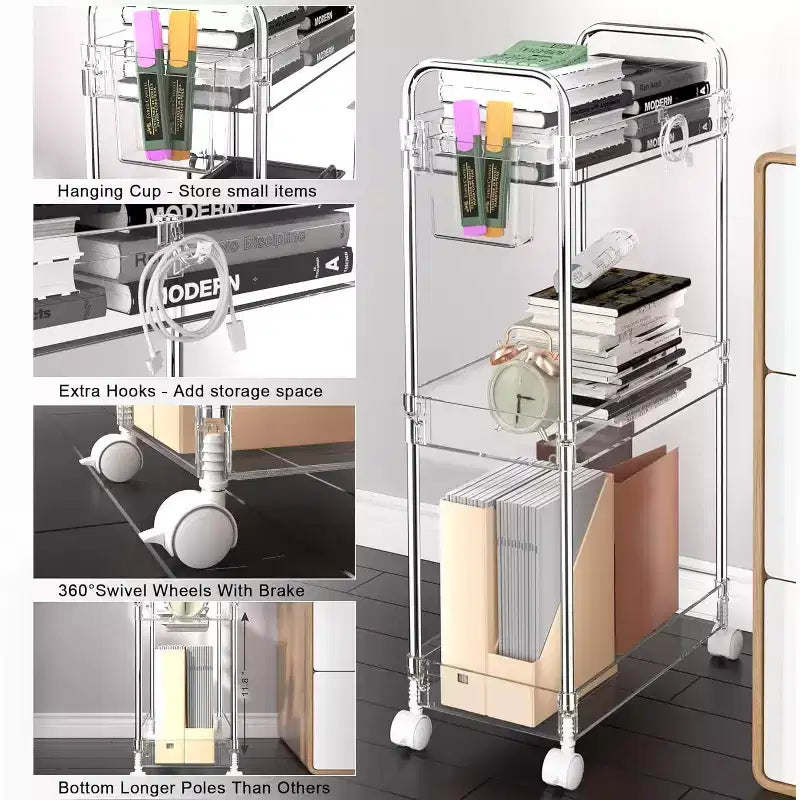 3-Tier Acrylic Rolling Storage Cart with Wheels, Extendable Shelves, Hooks & Cup Holder