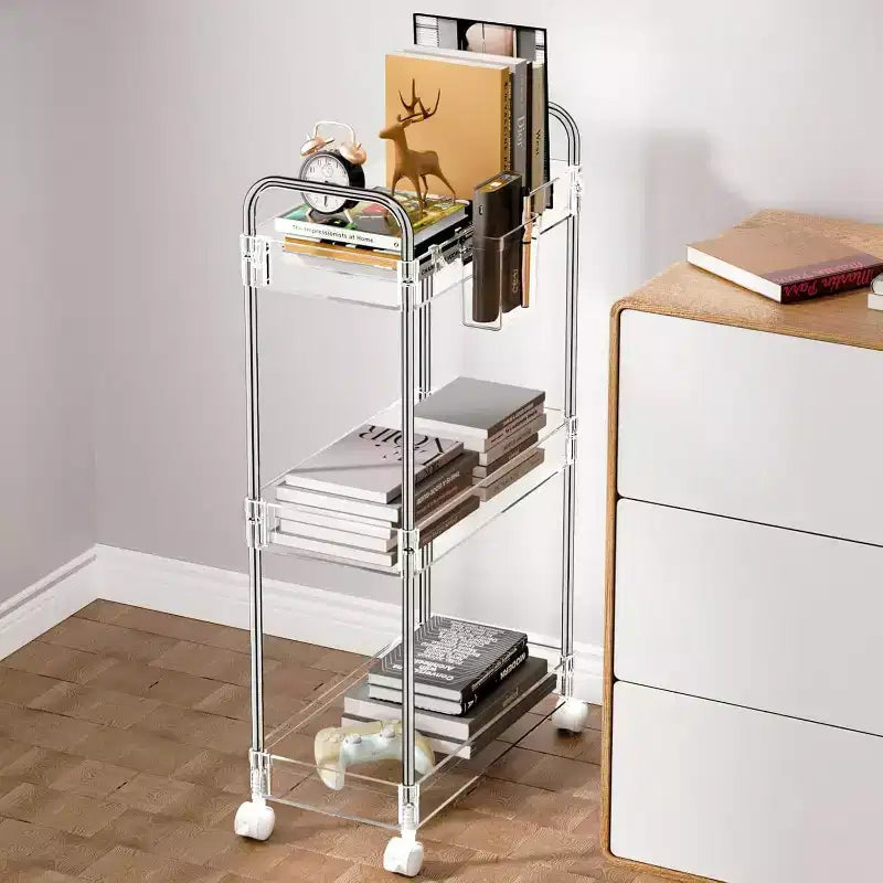 3-Tier Acrylic Rolling Storage Cart with Wheels, Extendable Shelves, Hooks & Cup Holder
