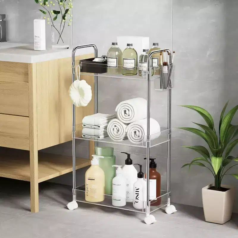 3-Tier Acrylic Rolling Storage Cart with Wheels, Extendable Shelves, Hooks & Cup Holder