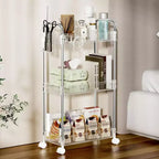 3-Tier Acrylic Rolling Storage Cart with Wheels, Extendable Shelves, Hooks & Cup Holder