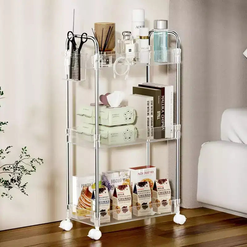 3-Tier Acrylic Rolling Storage Cart with Wheels, Extendable Shelves, Hooks & Cup Holder