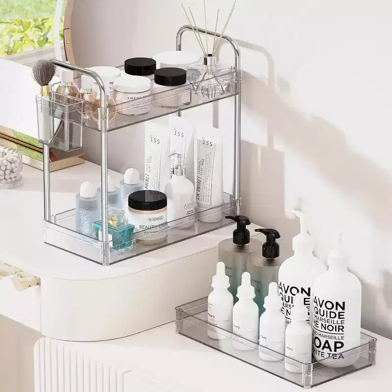 3-Tier Acrylic Rolling Storage Cart with Wheels, Extendable Shelves, Hooks & Cup Holder