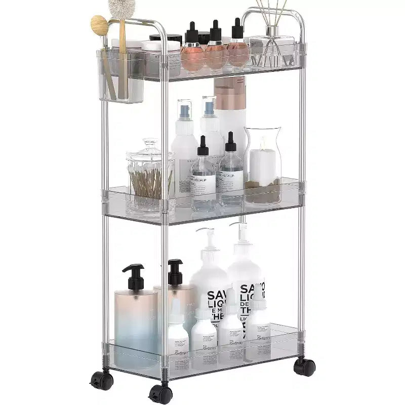 3-Tier Acrylic Rolling Storage Cart with Wheels, Extendable Shelves, Hooks & Cup Holder