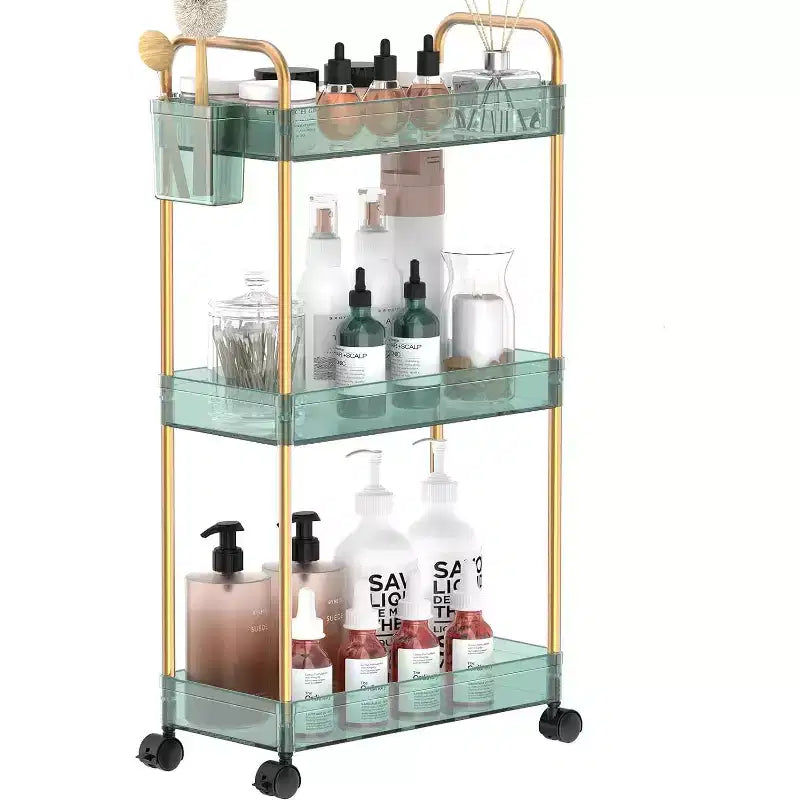 3-Tier Acrylic Rolling Storage Cart with Wheels, Extendable Shelves, Hooks & Cup Holder