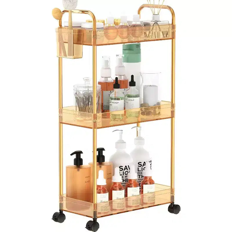 3-Tier Acrylic Rolling Storage Cart with Wheels, Extendable Shelves, Hooks & Cup Holder