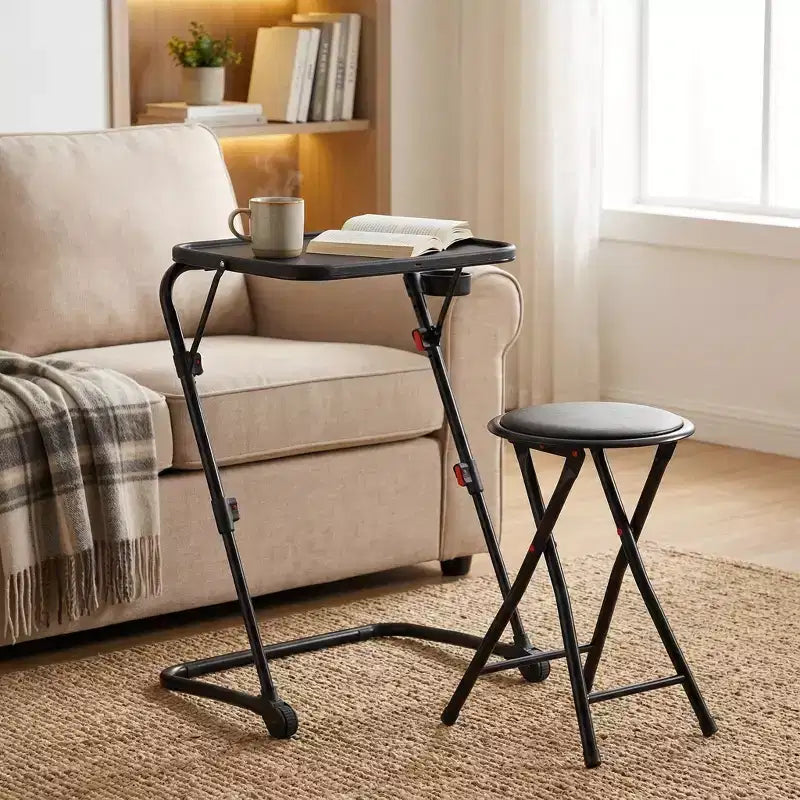 Folding Table and Stool Set, Adjustable Height Tray Table with Tilting Top and Cup Holder, Portable Desk for Bed, Sofa, Study or Outdoor