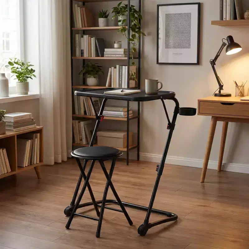 Folding Table and Stool Set, Adjustable Height Tray Table with Tilting Top and Cup Holder, Portable Desk for Bed, Sofa, Study or Outdoor