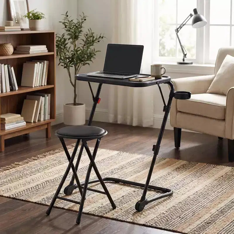 Folding Table and Stool Set, Adjustable Height Tray Table with Tilting Top and Cup Holder, Portable Desk for Bed, Sofa, Study or Outdoor