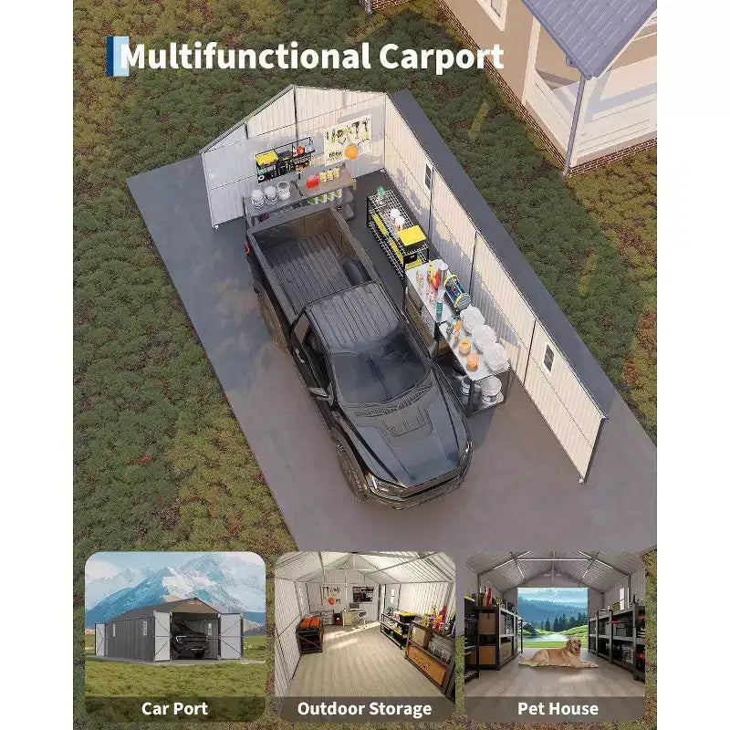 12x25FT Fully Enclosed Metal Carport with Vertical Roof and Steel Frame