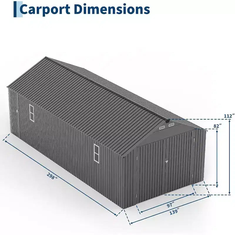 12x25FT Fully Enclosed Metal Carport with Vertical Roof and Steel Frame