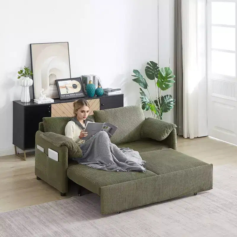 64.5" 3-in-1 Convertible Corduroy Sleeper Sofa Bed with Pullout Bed