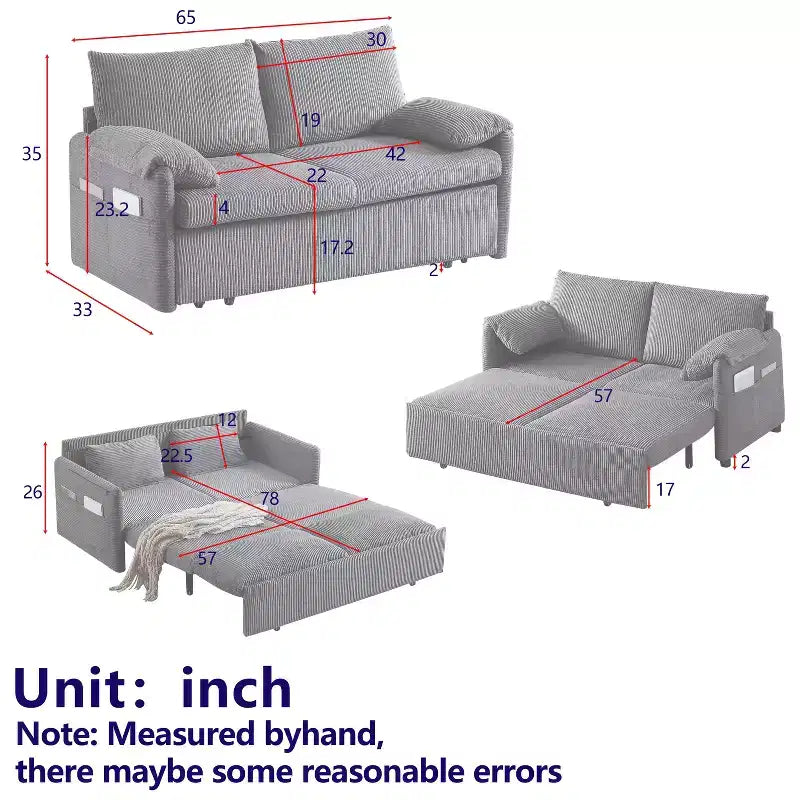 64.5" 3-in-1 Convertible Corduroy Sleeper Sofa Bed with Pullout Bed