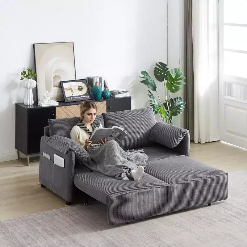 64.5" 3-in-1 Convertible Corduroy Sleeper Sofa Bed with Pullout Bed