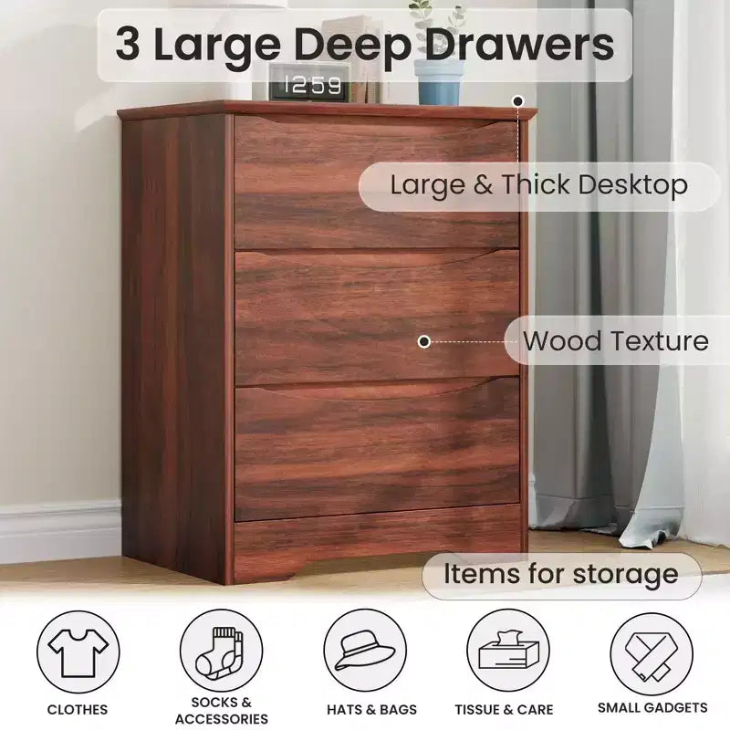 3-Drawer Wooden Dresser with Wide Top
