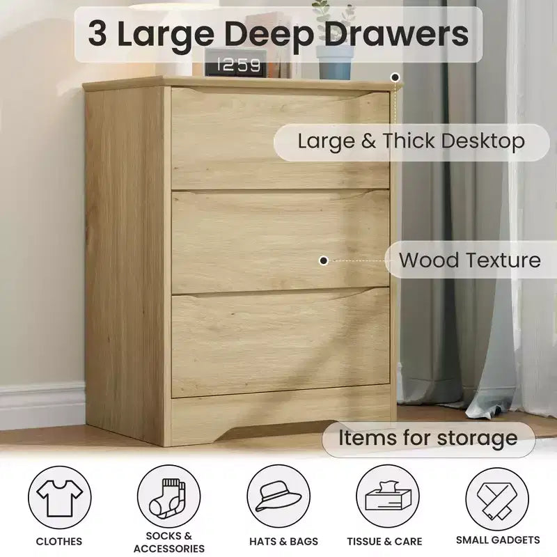 3-Drawer Wooden Dresser with Wide Top