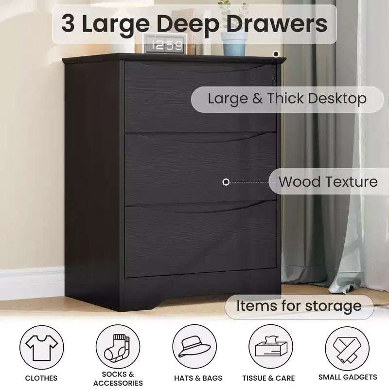 3-Drawer Wooden Dresser with Wide Top