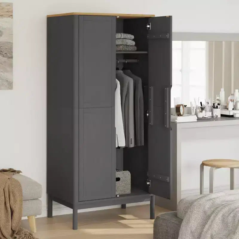 Grey Solid Pine Wood Wardrobe 30.3 x 20.9 x 67.3 in